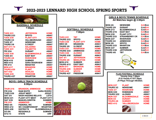 Spring Sports Schedule. Please click on the document!